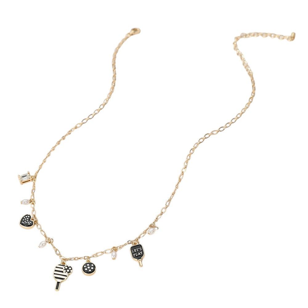 Lets Play Message Enamel Pickleball Pearl Charm Station Necklace