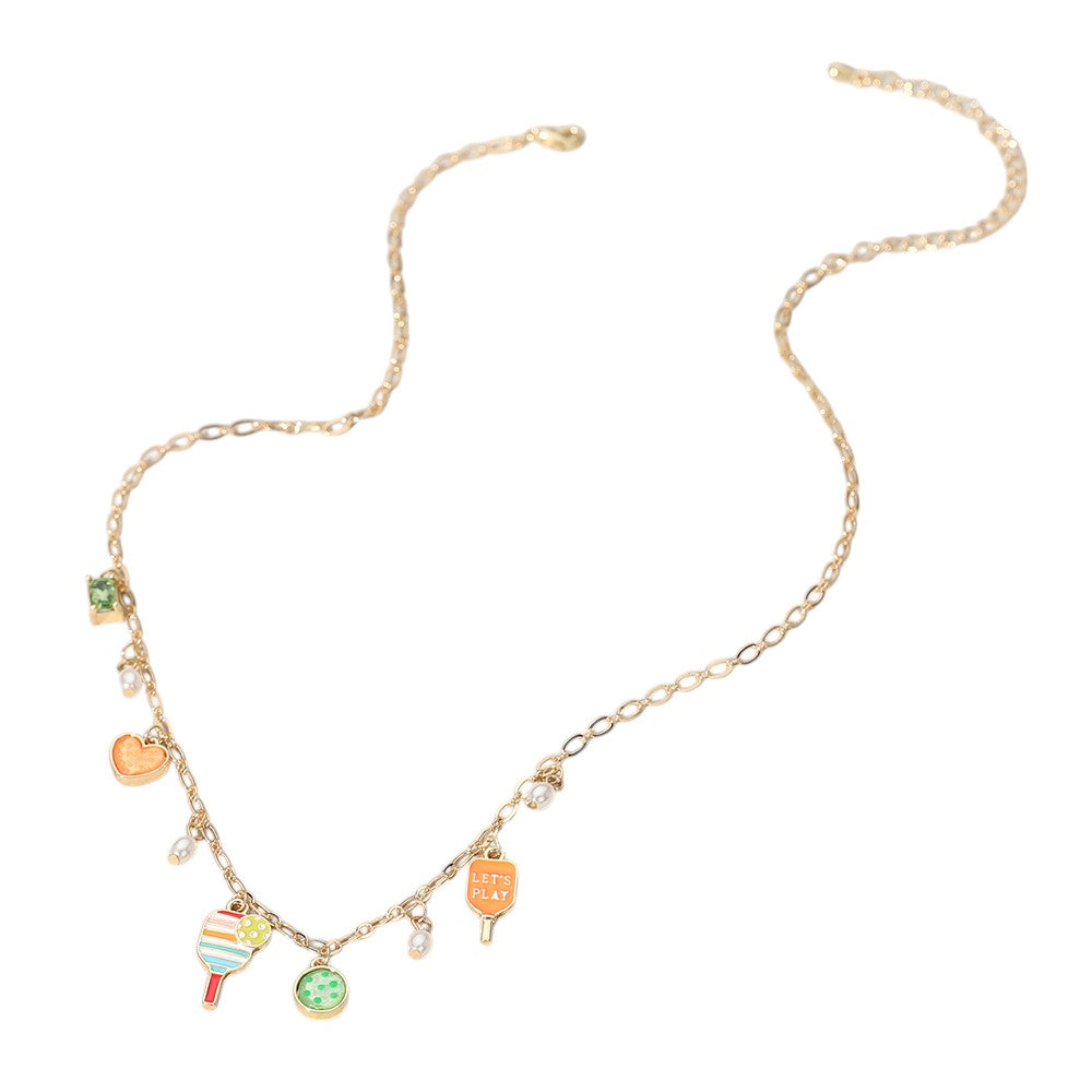 Lets Play Message Enamel Pickleball Pearl Charm Station Necklace