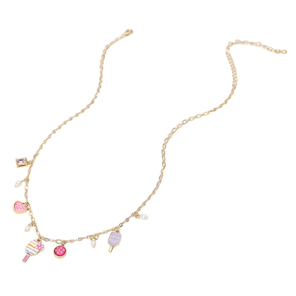 Lets Play Message Enamel Pickleball Pearl Charm Station Necklace
