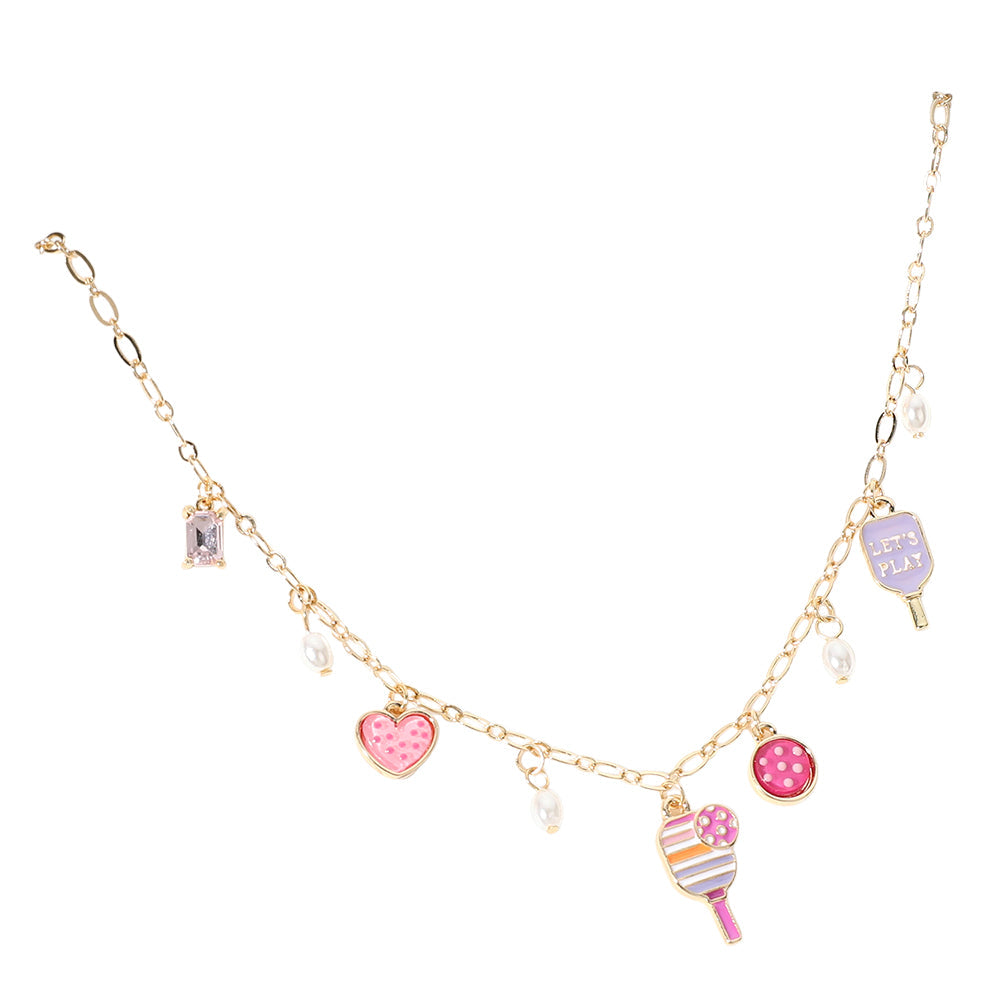 Lets Play Message Enamel Pickleball Pearl Charm Station Necklace